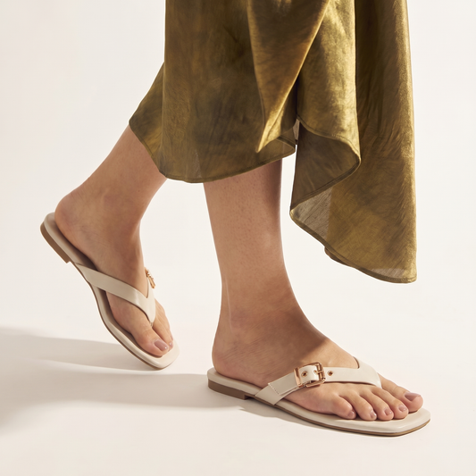 White Buckled V-Shape Flats