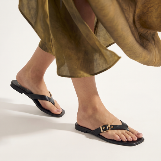 Black Buckled V-Shape Flats