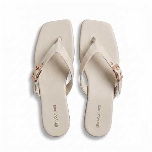 White Buckled V-Shape Flats