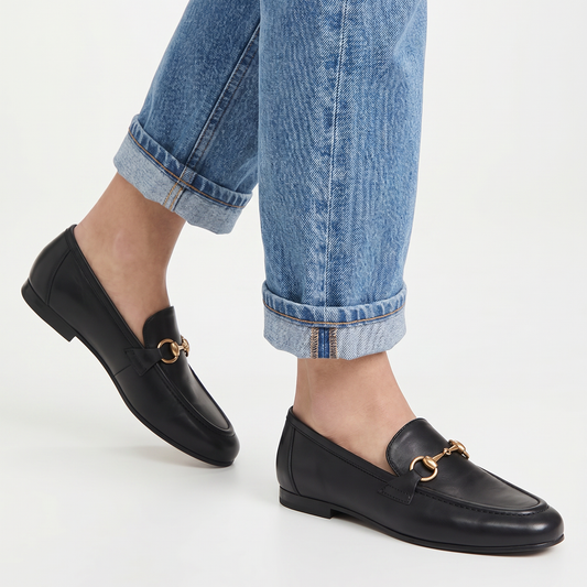 Aura black loafers with antique gold Buckle