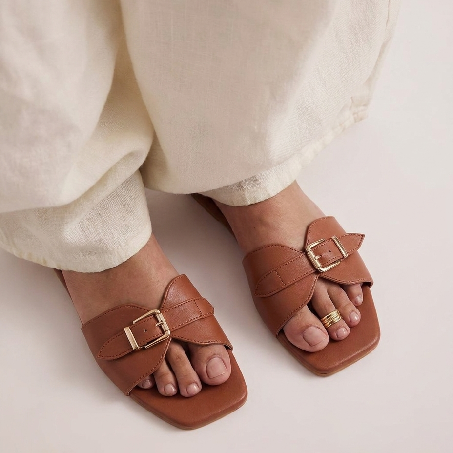Tan Buckle Detail Single Strap Flats