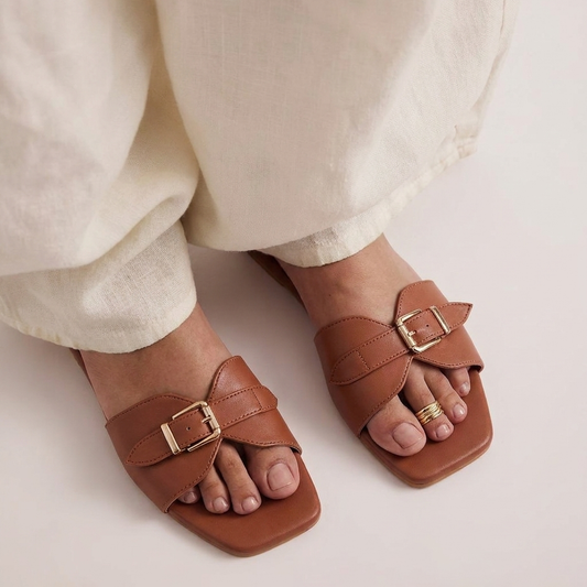 Tan Buckle Detail Single Strap Flats
