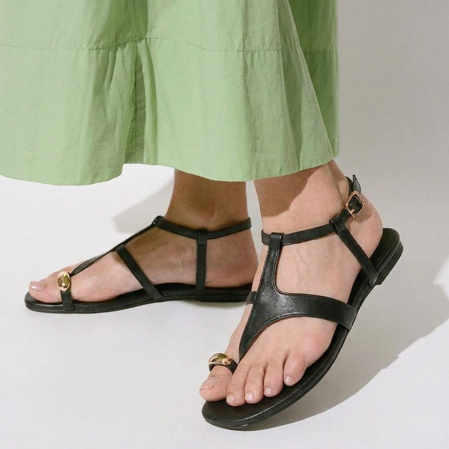 Black Toe Ring Ankle Strap Sandals