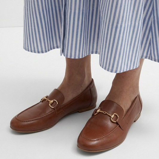 Aura Tan loafers with antique gold Buckle