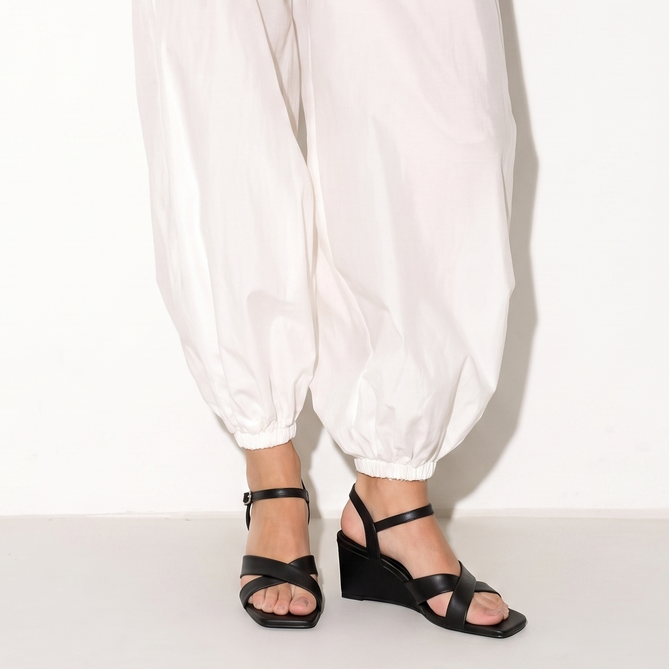 Cross Strap Black Wedge Sandals