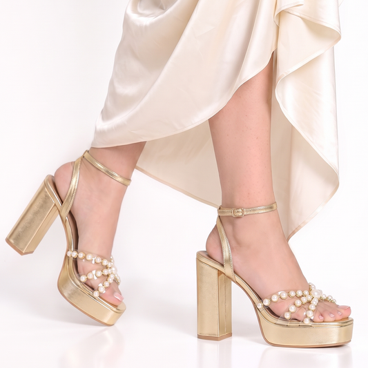 Gold Pearl Platform Heeled Sandals