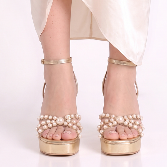 Gold Pearl Platform Heeled Sandals
