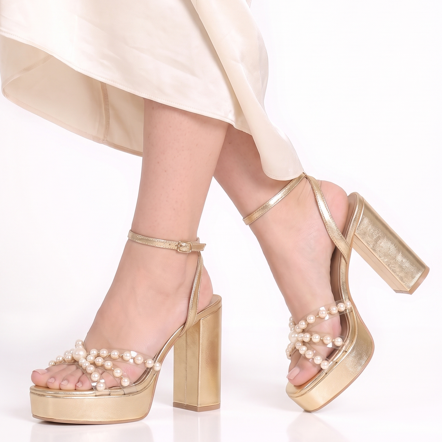 Gold Pearl Platform Heeled Sandals